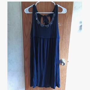 LOFT Open Back Tie Neck Rhinestone Collar Dress Petite Small Evening Navy Blue